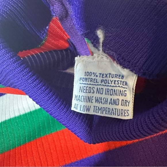 Vtg 70s Hippie Mod Polyester Knit Dress Striped Mock Neck Bold - Picture 2 of 6